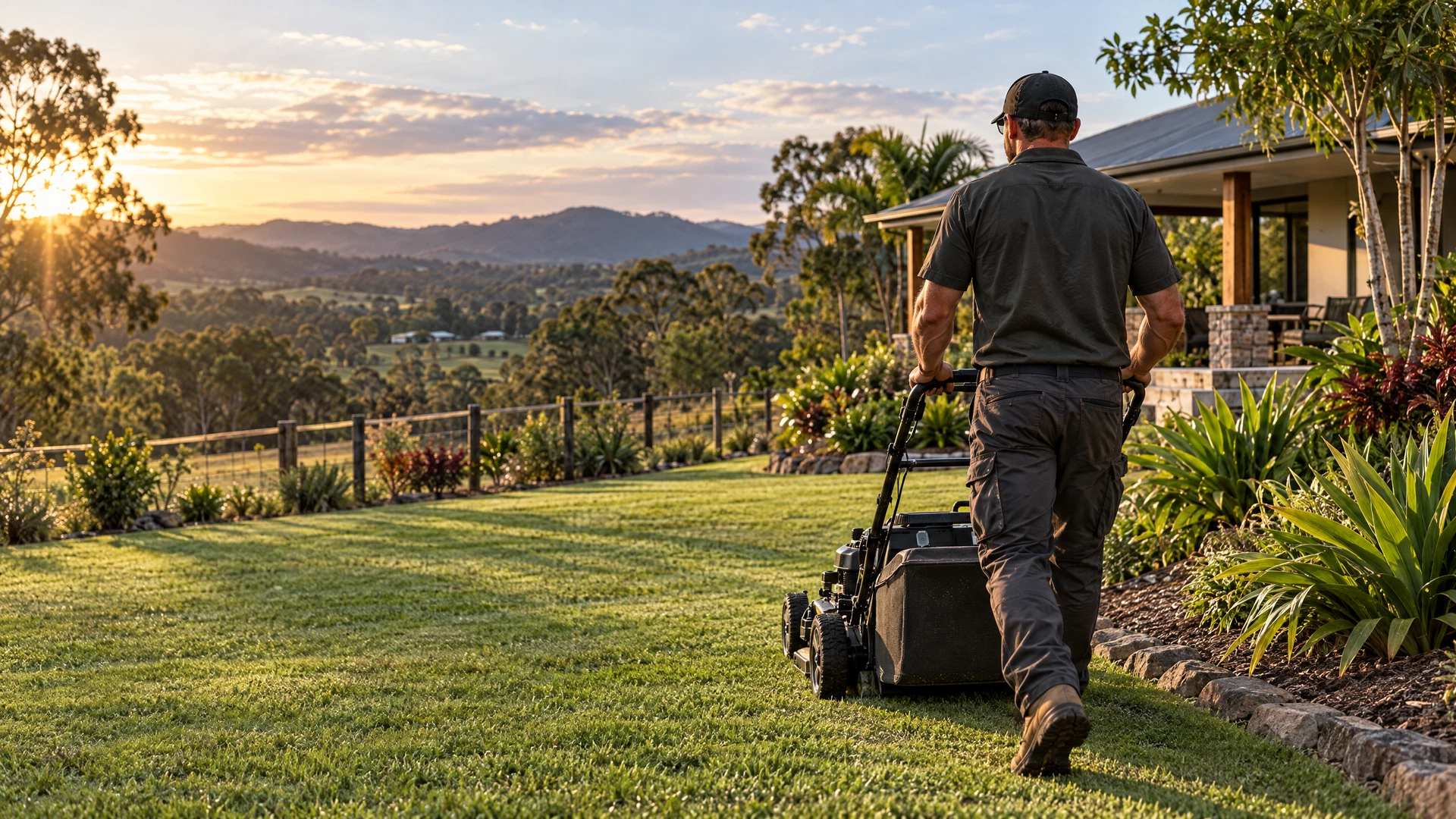 Property maintenance worker mowing beside an acreage home in regional Queensland